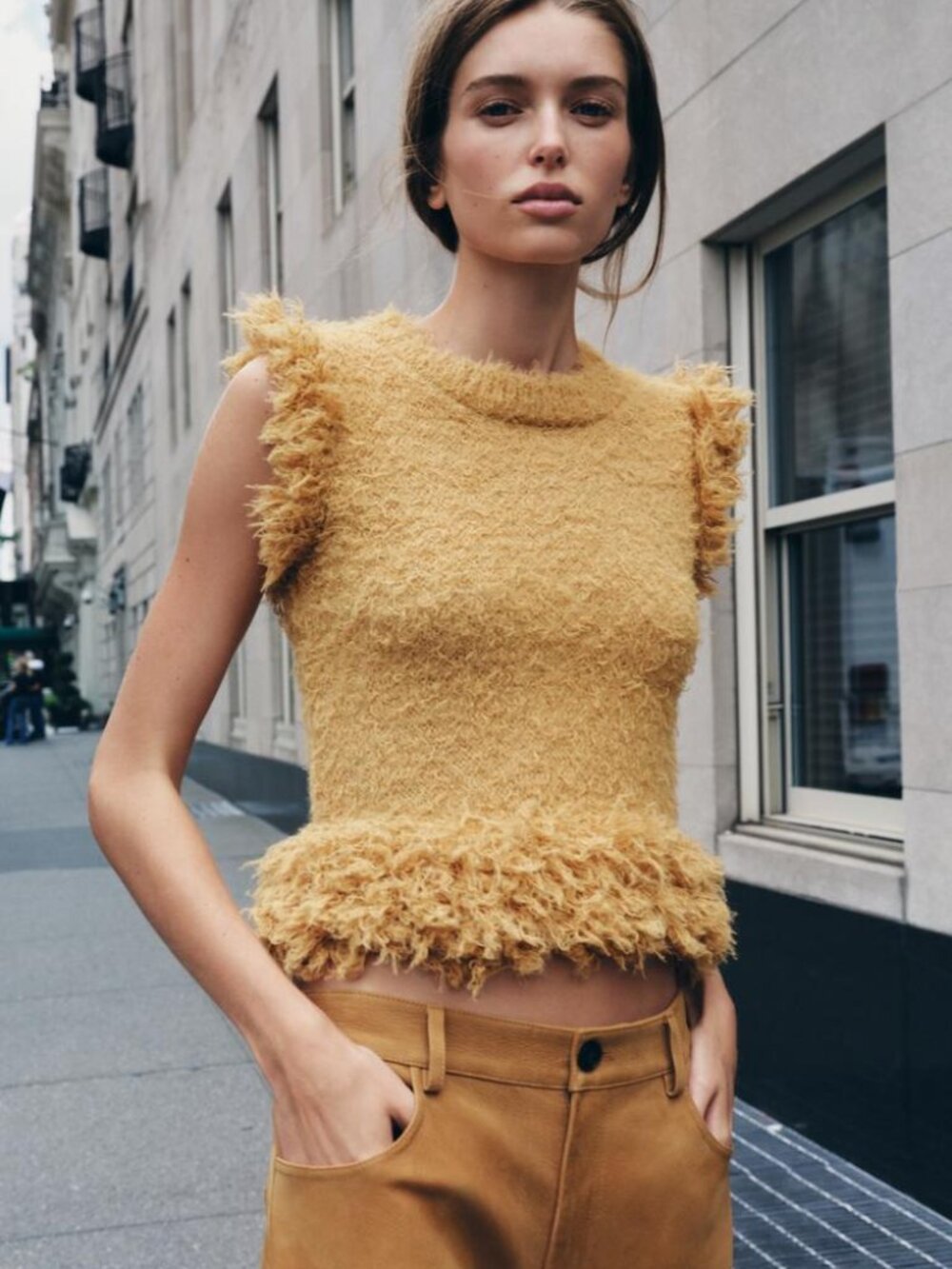 NWT Zara Faux Fur Chunky Knit Vest in Mustard Yellow Small